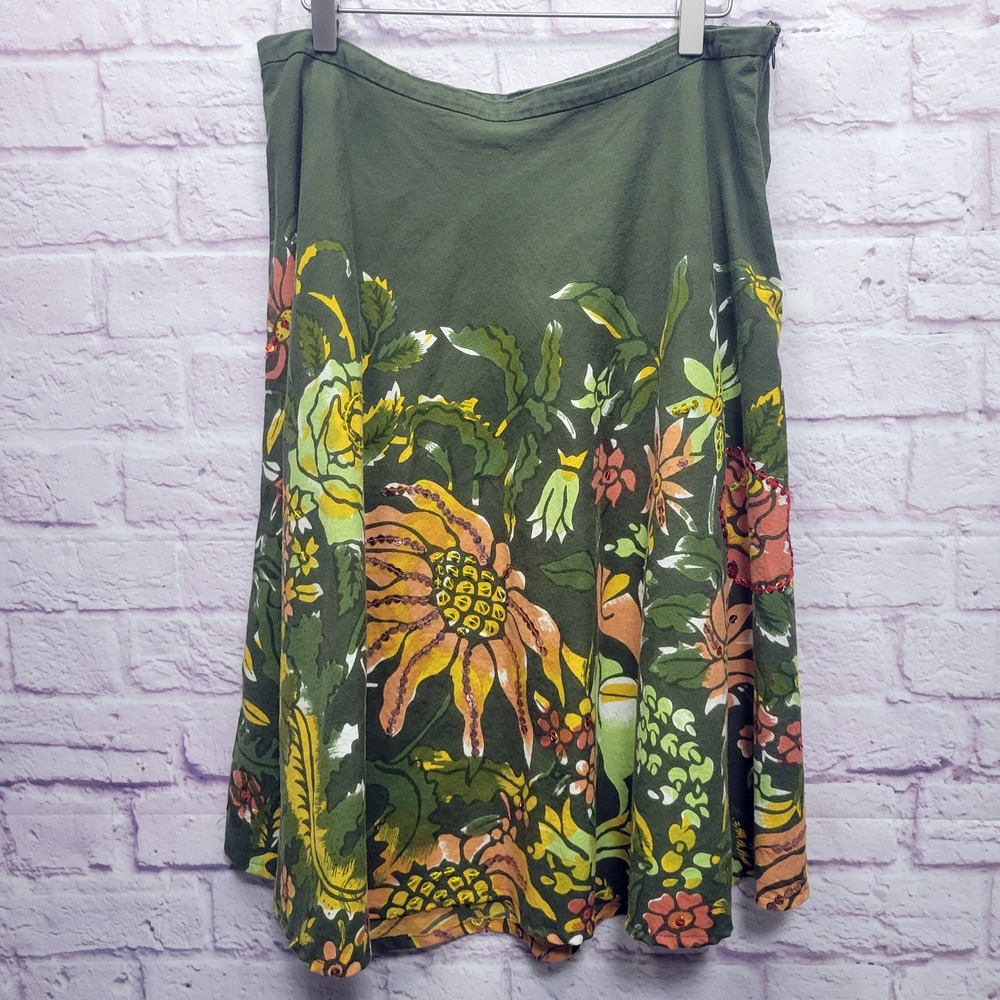Mossimo‎ Bold Floral Circle Skirt Size 10 Green Sequins Side Zip Boho Festival